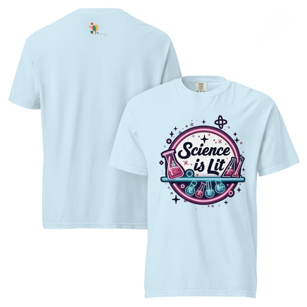 Light blue t-shirt with 'Science is Lit' design on a white background