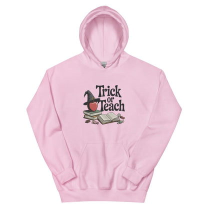 Pink hoodie with 'Trick or Teach' design on a white background