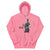 Pink hoodie with a graphic of a woman holding a coffee cup and text 'Coffee first, Chart later.' on a white background.