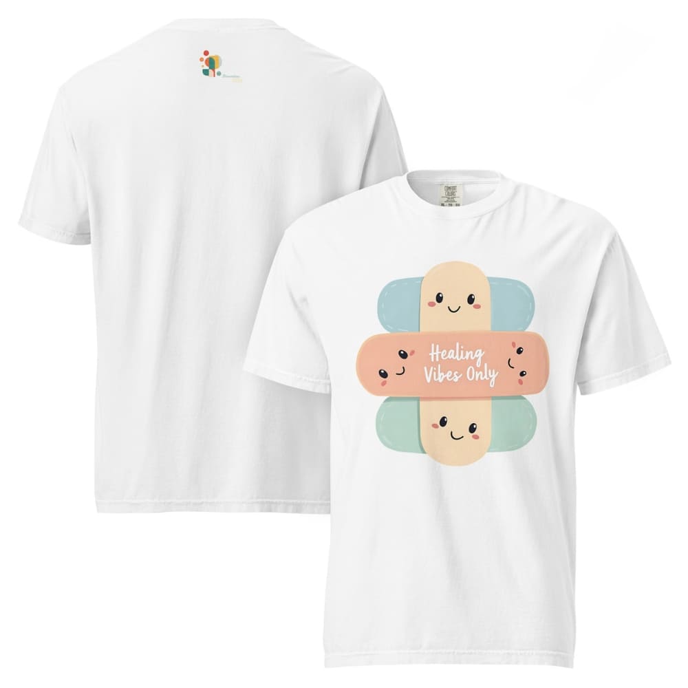 White t-shirt with cartoon bandages and 'Healing Vibes Only' text on a white background
