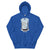 Blue hoodie with a graphic design on a white background