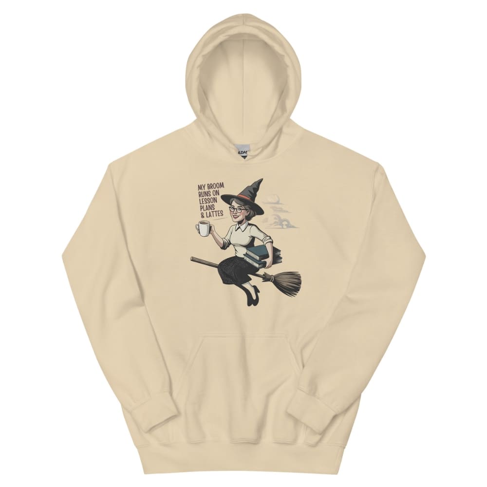 Beige hoodie with a graphic of a witch on a broom and text on a white background