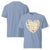 Light blue t-shirt with a heart-shaped design featuring 'Motherhood fueled by love and caffeine' text on a white background.