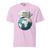 Pink t-shirt with a graphic of a globe and 'Global Heroes' text on a white background