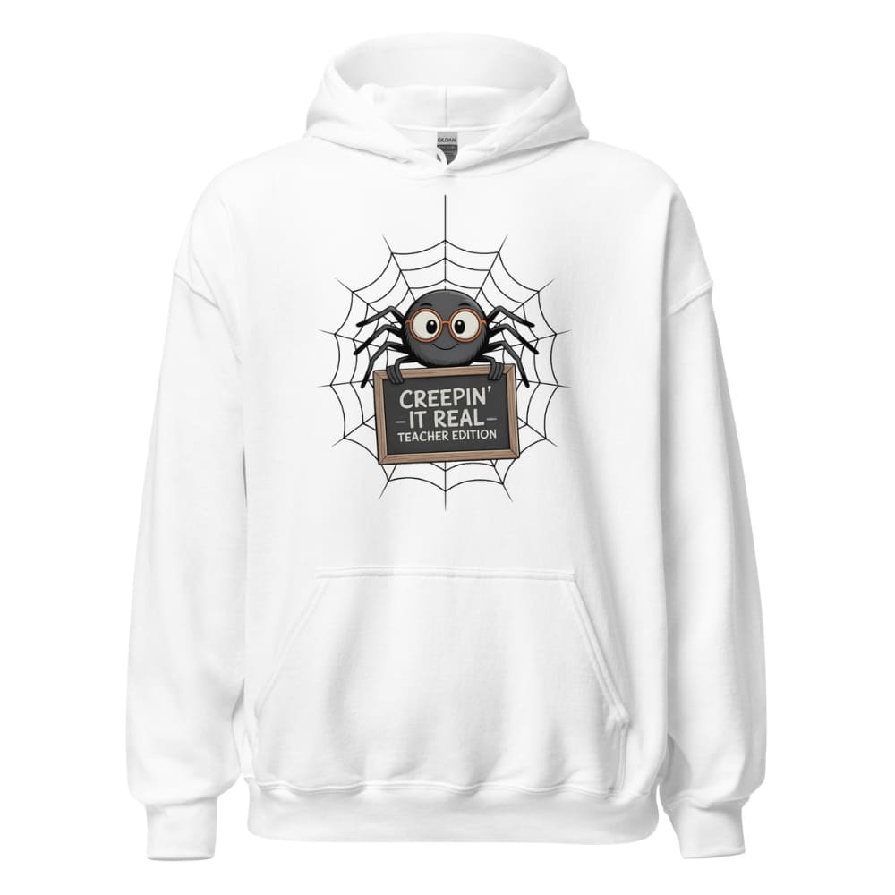 White hoodie with a spider graphic and text on a white background