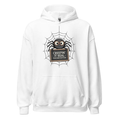 White hoodie with a spider graphic and text on a white background