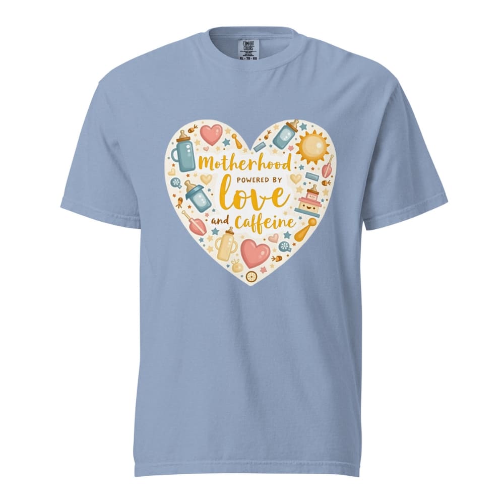 Light blue t-shirt with a colorful heart design and text on a white background