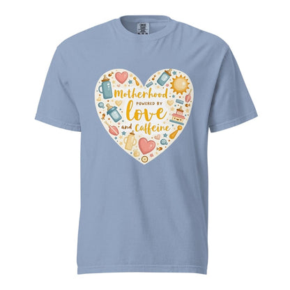 Light blue t-shirt with a colorful heart design and text on a white background