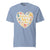 Light blue t-shirt with a colorful heart design and text on a white background