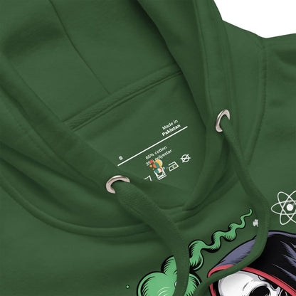 Green hoodie with brand logo and text on the chest pocket against a white background