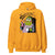Yellow hoodie with a cartoon character holding a bottle and cup on a white background