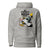 Gray hoodie with graphic design and text on a white background
