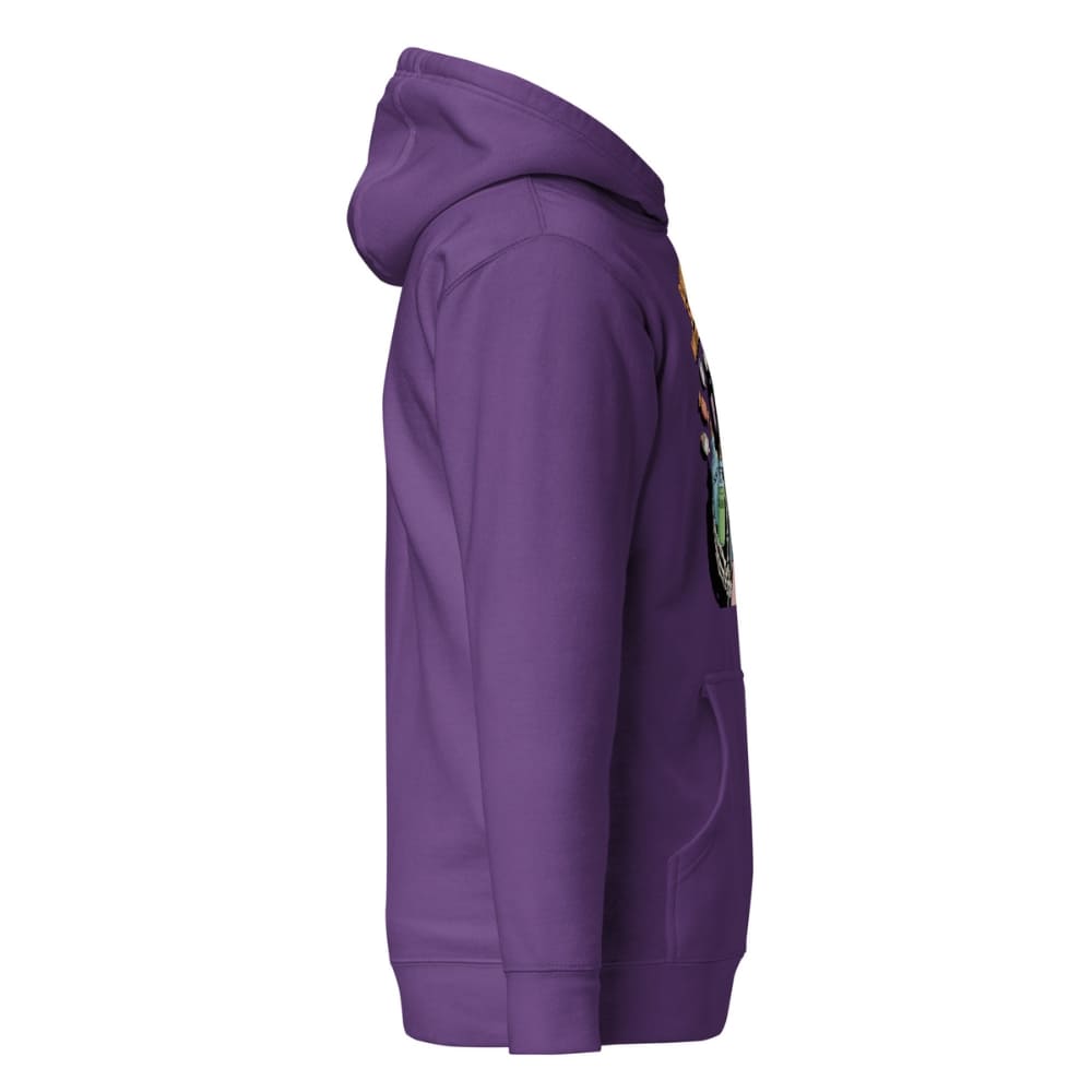 Purple hoodie with colorful graphics on a white background