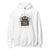 White hoodie with a spider graphic and text on a white background