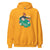 Yellow hoodie with a graphic design of a woman and text on a white background