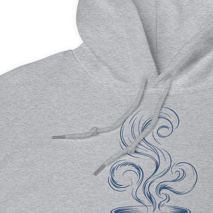 Gray hoodie with blue steam design on a white background