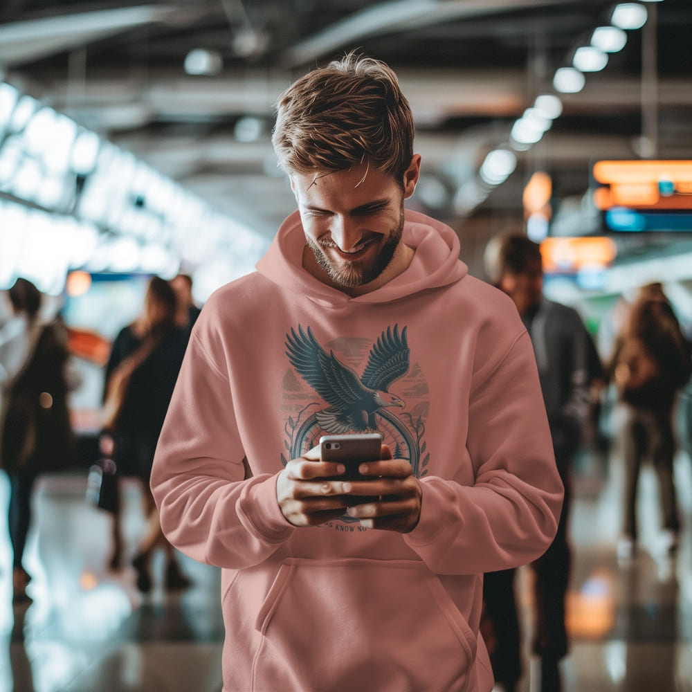 Man in a pink hoodie with an eagle design, looking at his phone in a busy indoor setting.