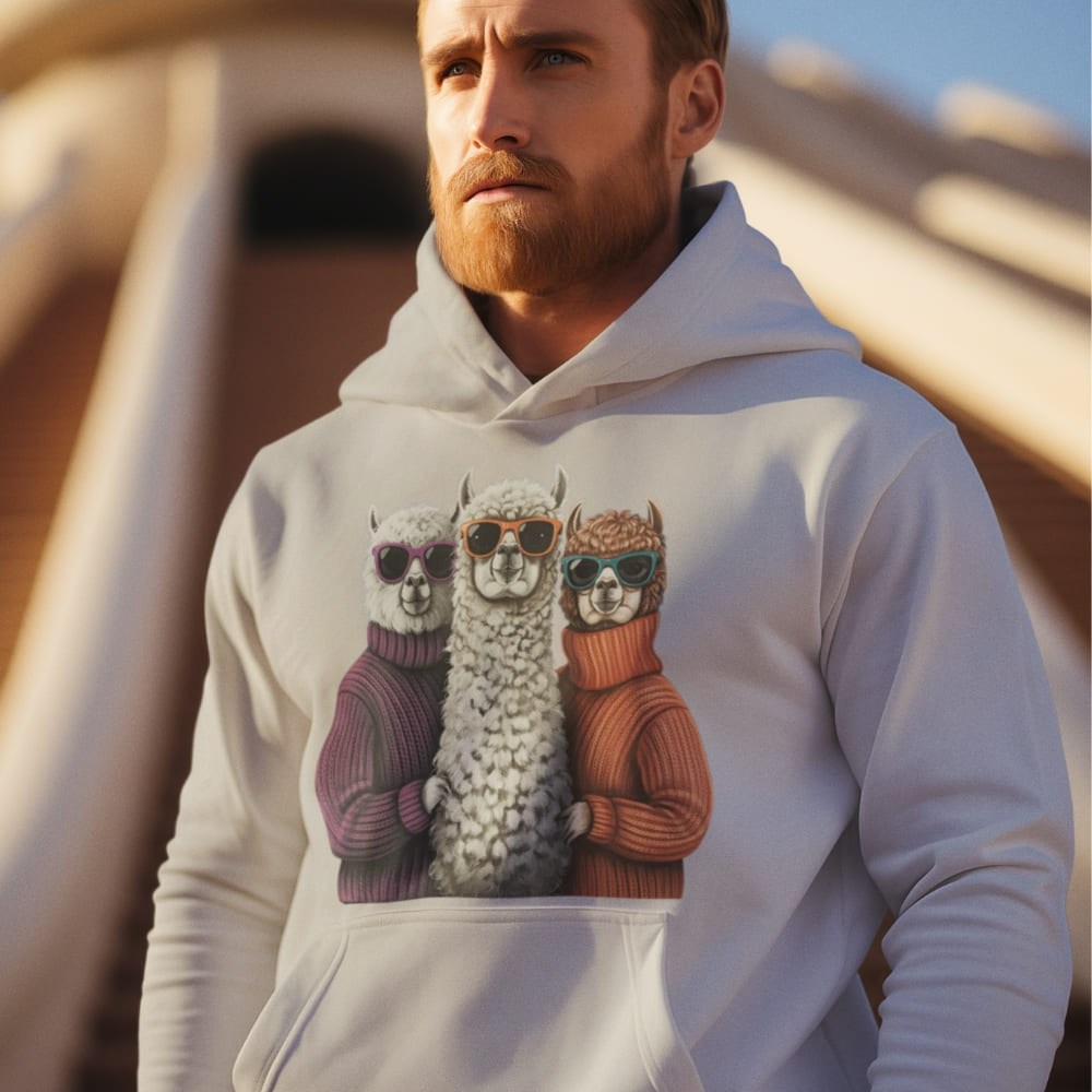 Man wearing a hoodie with alpaca graphic design outdoors