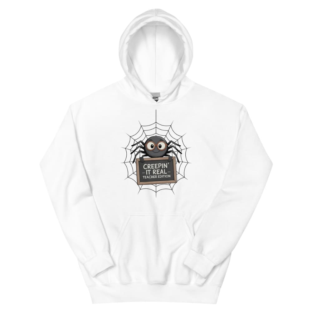 White hoodie with spider graphic and text on a white background