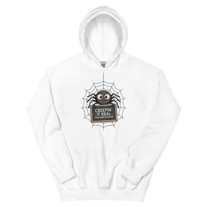 White hoodie with spider graphic and text on a white background