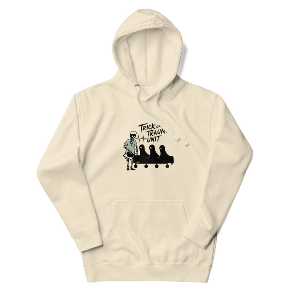 Beige hoodie with graphic design and text on a white background