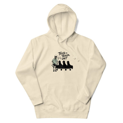 Beige hoodie with graphic design and text on a white background