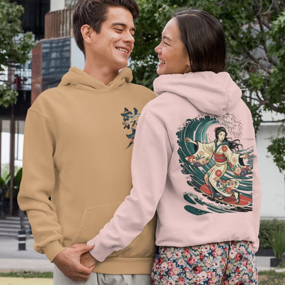 Two people wearing hoodies with artistic designs, one beige and one pink, outdoors.