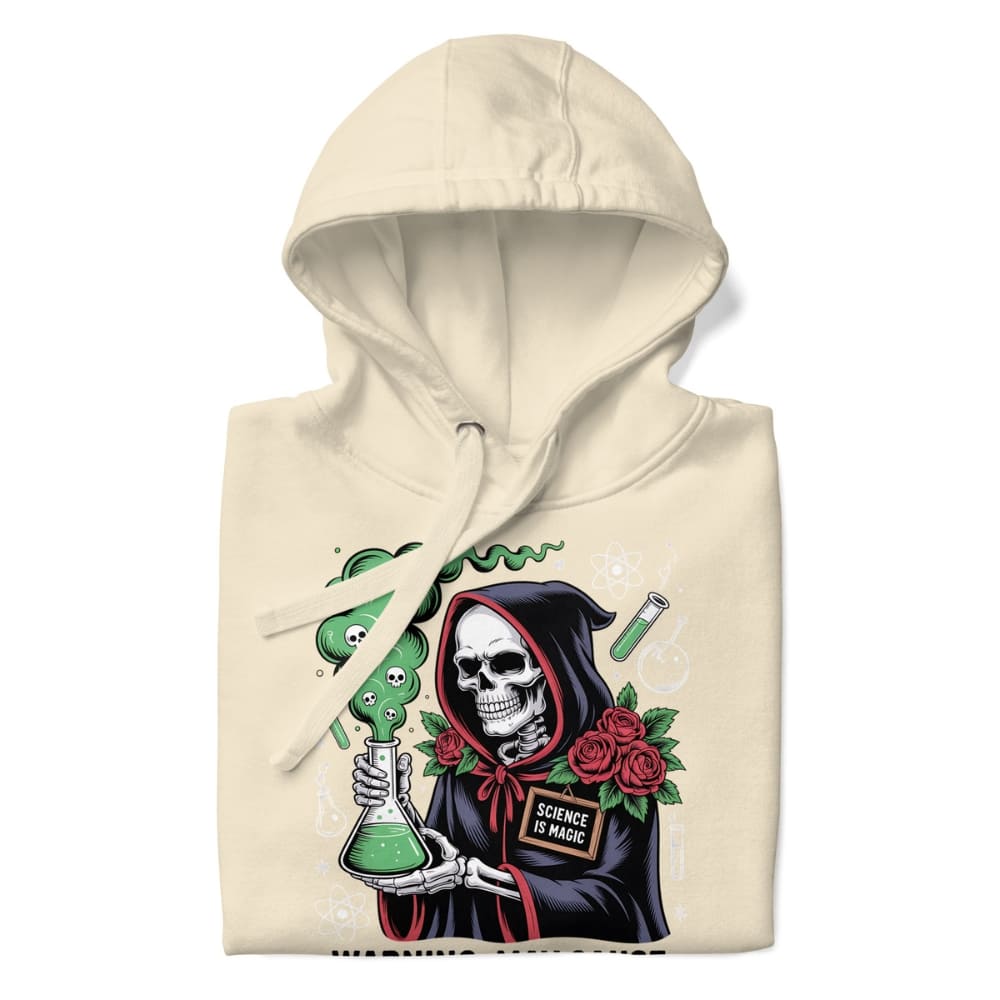 Beige hoodie with a graphic design of a skeleton holding a beaker, green liquid, roses, and 'Science is Magic' sign.