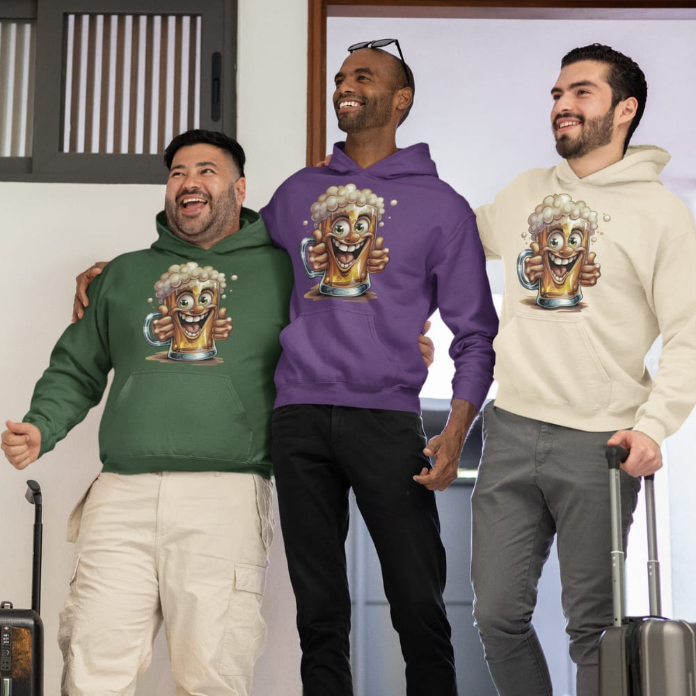 Three men wearing hoodies with a cartoon character design, standing together indoors.
