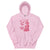 Pink hoodie with a graphic design on a white background