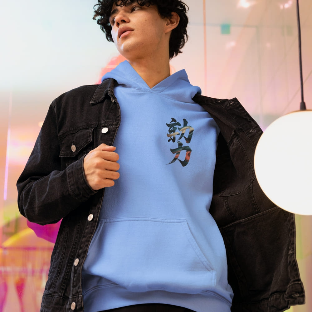 Person wearing a blue hoodie with Japanese characters in an indoor setting