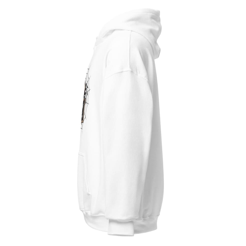 White hoodie with a graphic design on the sleeve against a white background