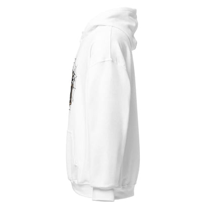 White hoodie with a graphic design on the sleeve against a white background