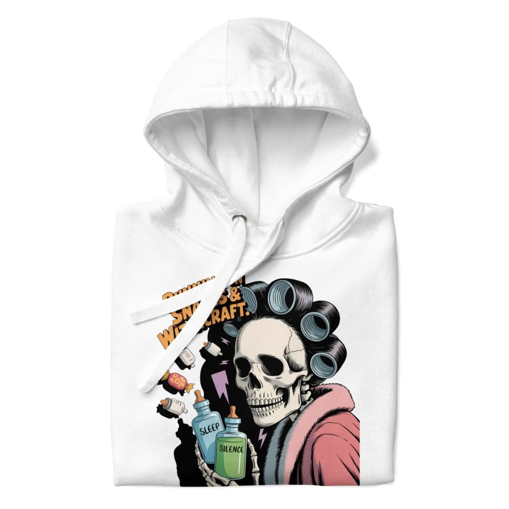 White hoodie with a skull wearing curlers and holding bottles design on a white background
