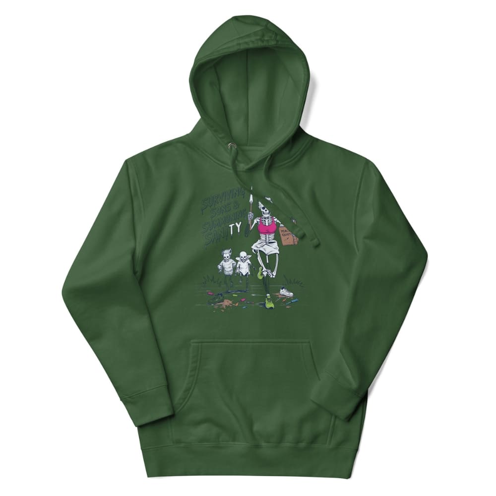 Green hoodie with a graphic design on a white background