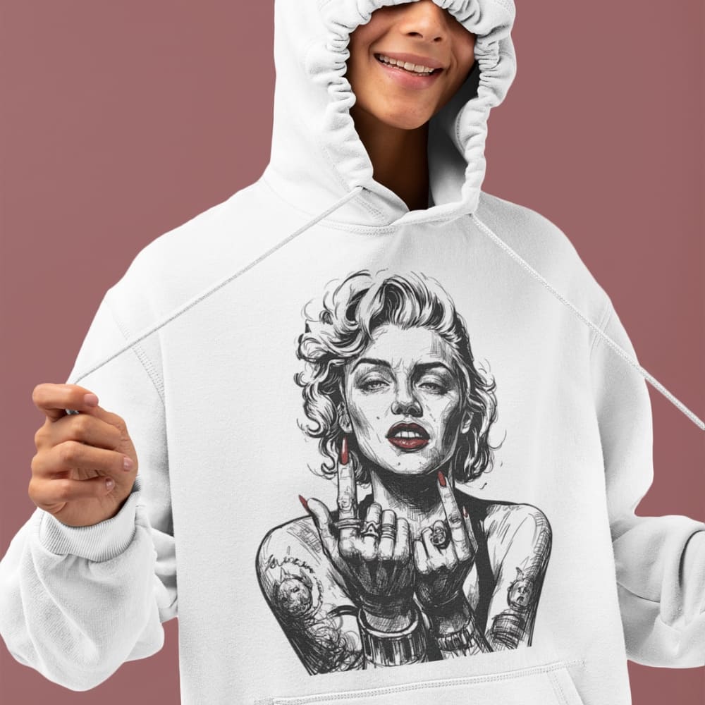 White hoodie with a graphic design of a tattooed woman on a maroon background