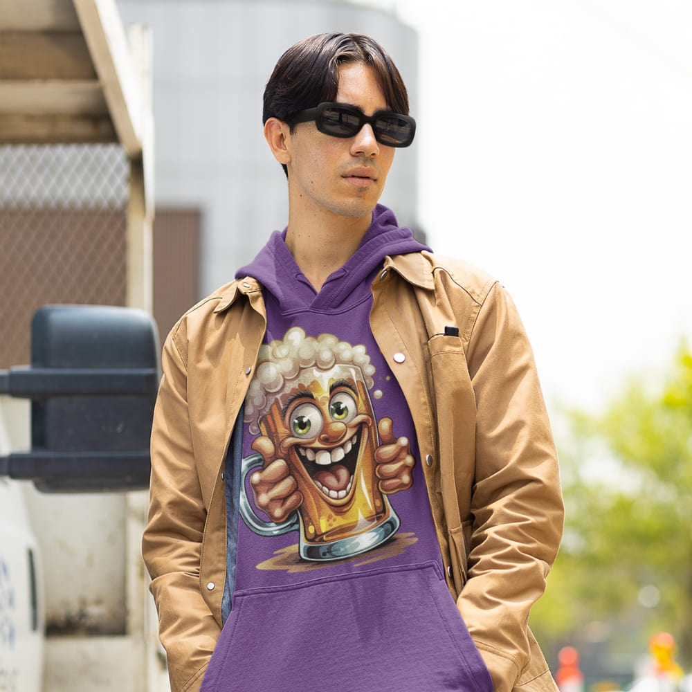 Person wearing a purple hoodie with a cartoon beer mug design outdoors.