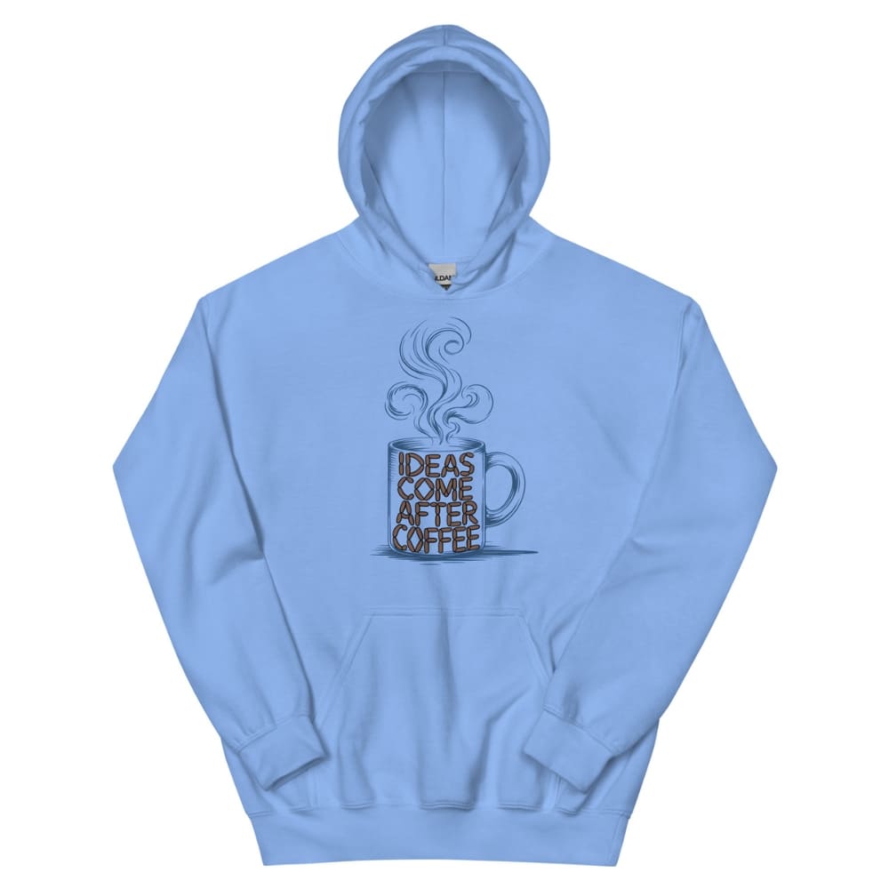 Light blue hoodie with a graphic of a coffee cup and text on a white background
