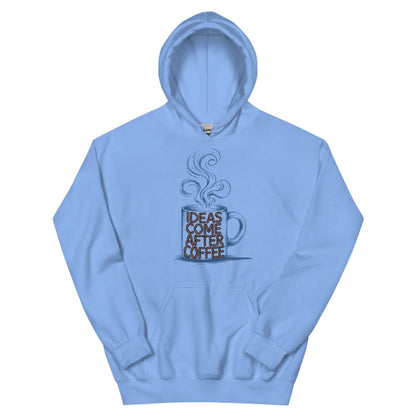 Light blue hoodie with a graphic of a coffee cup and text on a white background