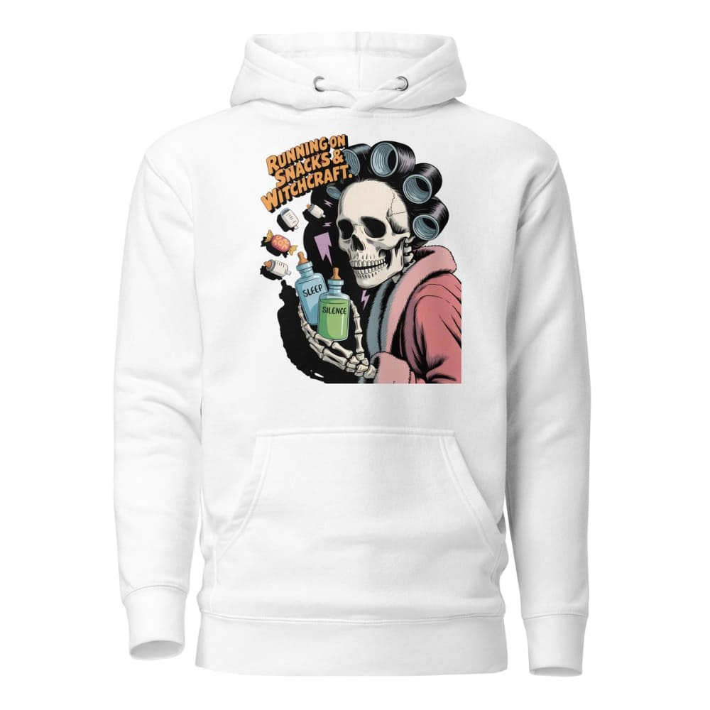 White hoodie with a skeleton character holding bottles and text on a white background