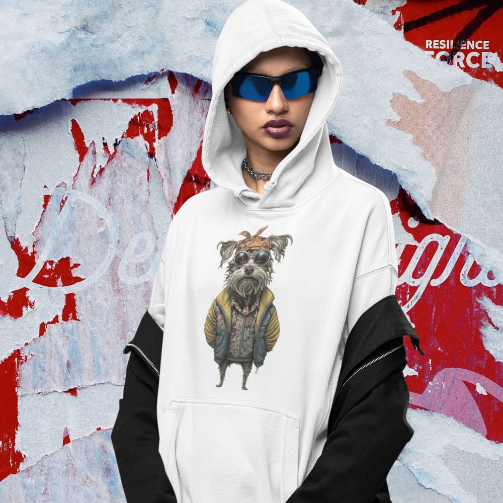 Person wearing a white hoodie with a dog graphic against a colorful abstract background
