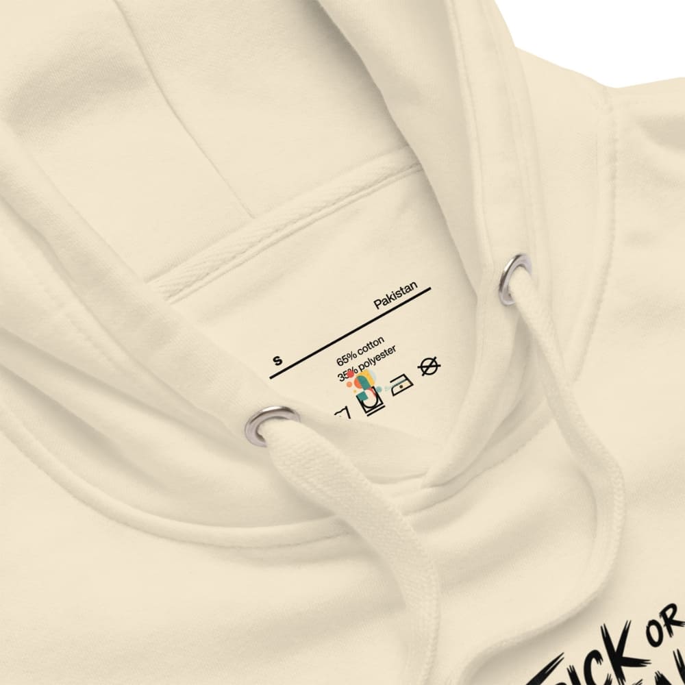 Beige hoodie with a brand label on a white background