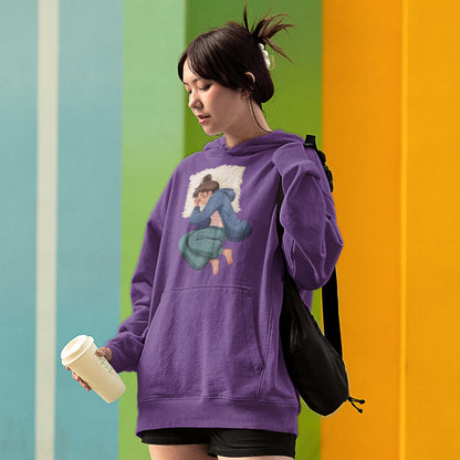 Person wearing a purple hoodie with a graphic design against a colorful striped background