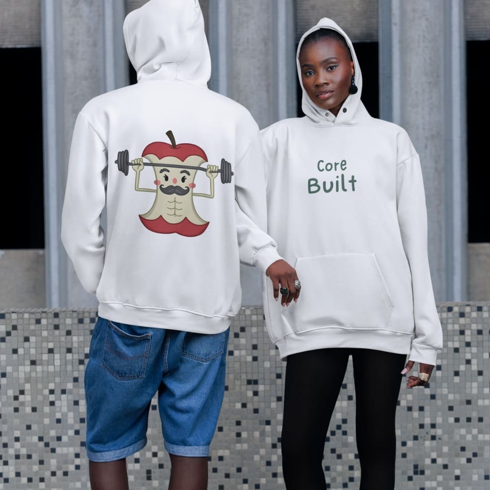 Two people wearing white hoodies with a cartoon apple lifting weights and text 'Core Built' on a tiled wall background.