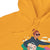 Yellow hoodie with a graphic of a woman holding a bag and a skateboard on a white background
