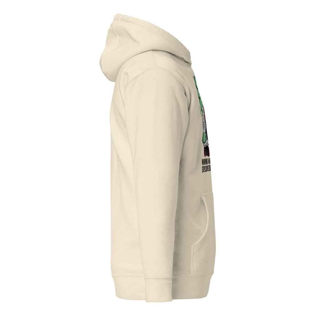 Beige hoodie with a brand logo on the sleeve against a white background