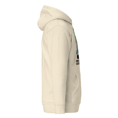 Beige hoodie with a brand logo on the sleeve against a white background