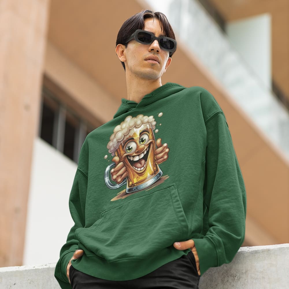 Person wearing a green hoodie with a cartoon design, sitting outdoors.
