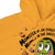 Yellow hoodie with Halloween-themed design featuring a monster and text.