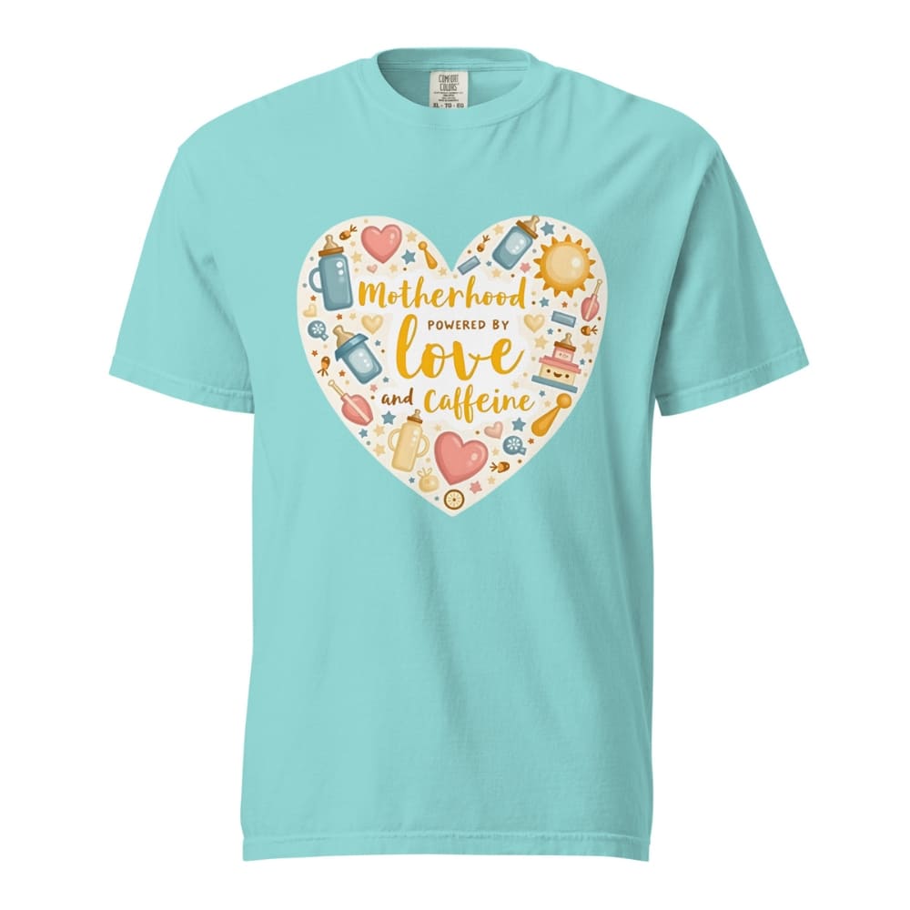 Light blue t-shirt with a colorful heart design and text on a white background